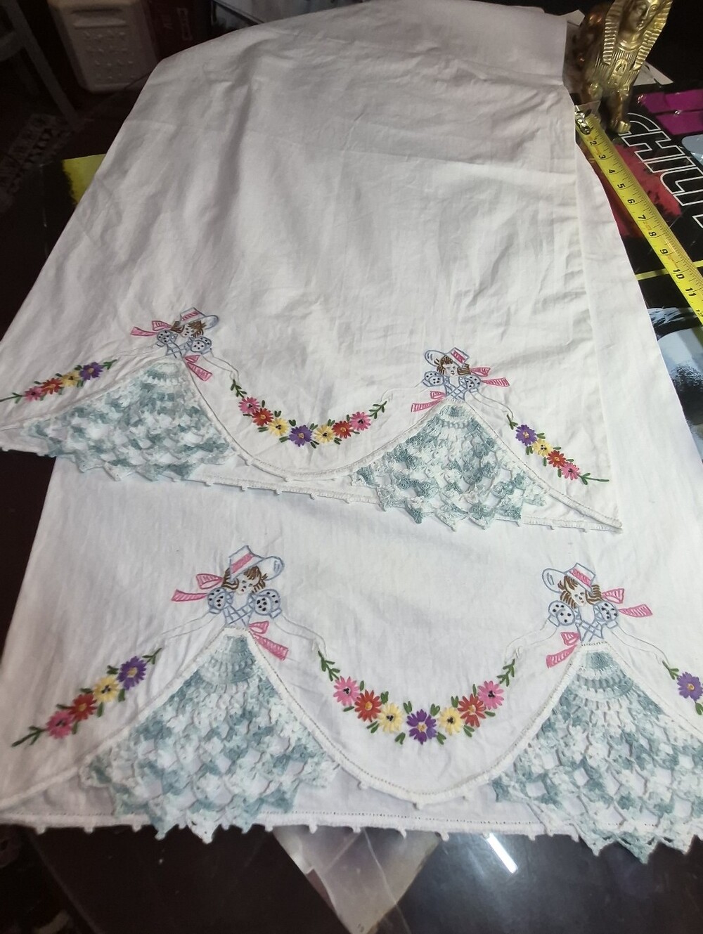 Embroidered White Cotton Pillowcases with Floral and Blue Lace Trim